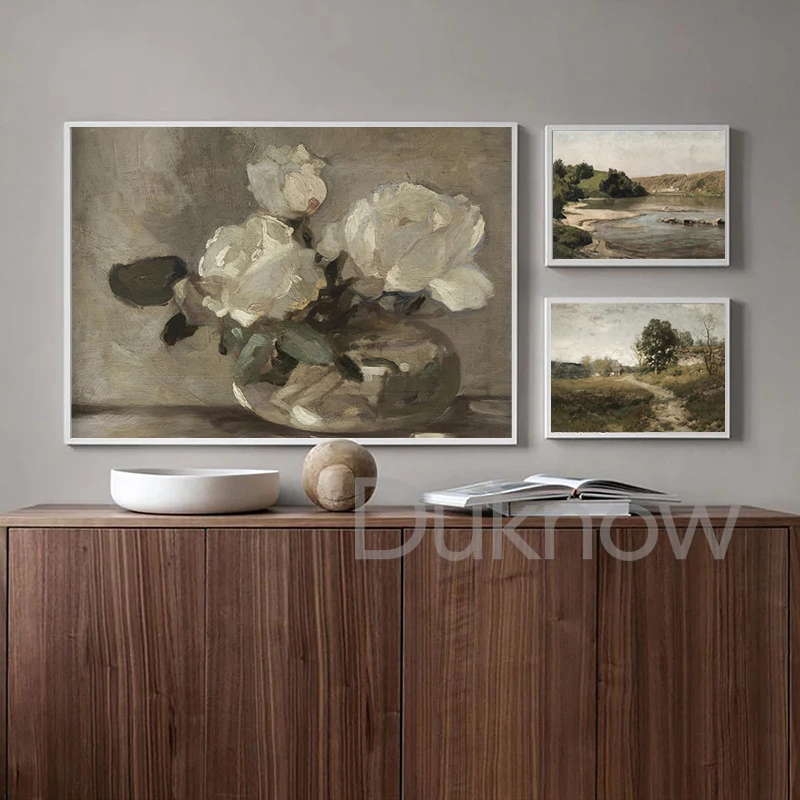 Vintage Country Natural Landscape Oil Painting On Canvas Poster Retro Flower Still Life Art Print Gallery Neutral Wall Pictures