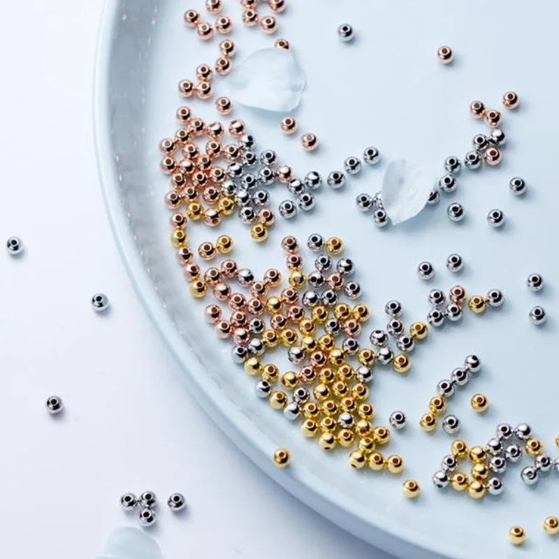 Small Hole Genuine Real Pure Solid 925 Sterling Silver Beads Rose Gold Round Smooth Loose Space Bead DIY Jewelry Findings