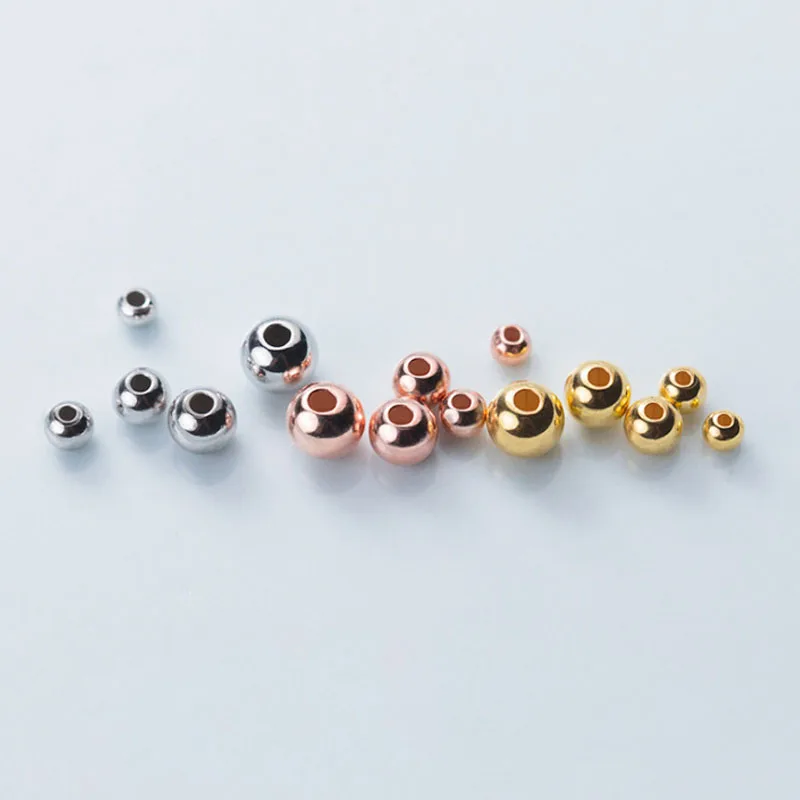 Small Hole Genuine Real Pure Solid 925 Sterling Silver Beads Rose Gold Round Smooth Loose Space Bead DIY Jewelry Findings
