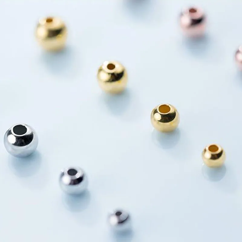 Small Hole Genuine Real Pure Solid 925 Sterling Silver Beads Rose Gold Round Smooth Loose Space Bead DIY Jewelry Findings