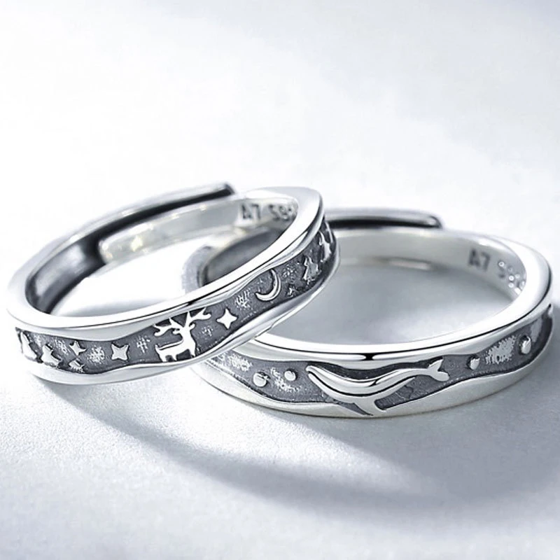 Vintage Creative Couple Rings for Lovers Statement Silver Color Engraving Whale Elk Star Moon Open Engagement Wedding Band Gift