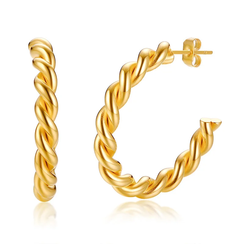 Dainty Twisted Stainless Steel Hoop Earrings for Women, Gold Color Plating Circle Round Ear Clip Accessory Mother's Day Gift