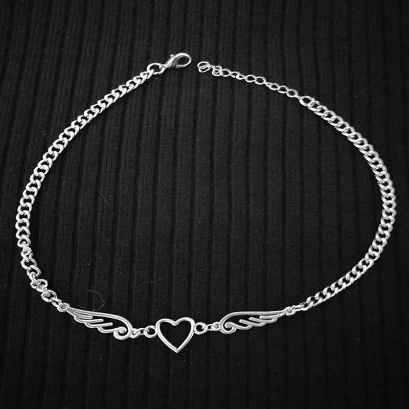Goth Egirl Style Metal Hollow Out Heart Angel Feather Pendant Necklace Choker for Women Grunge Indie Collar Aesthetic Jewelry
