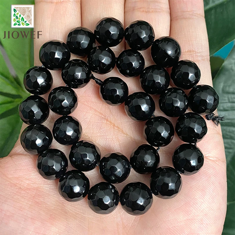 Natural Smooth Faceted Black Agates Beads 15'' Strand 4/6/8/10/12/14mm Round Loose Stone Beads for Jewelry Making Diy Bracelets