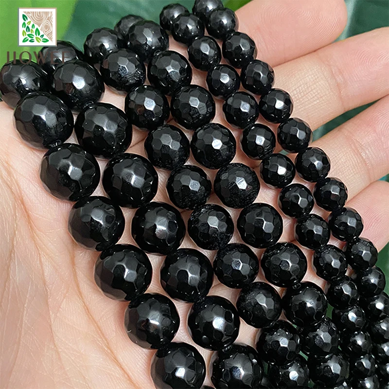 Natural Smooth Faceted Black Agates Beads 15'' Strand 4/6/8/10/12/14mm Round Loose Stone Beads for Jewelry Making Diy Bracelets