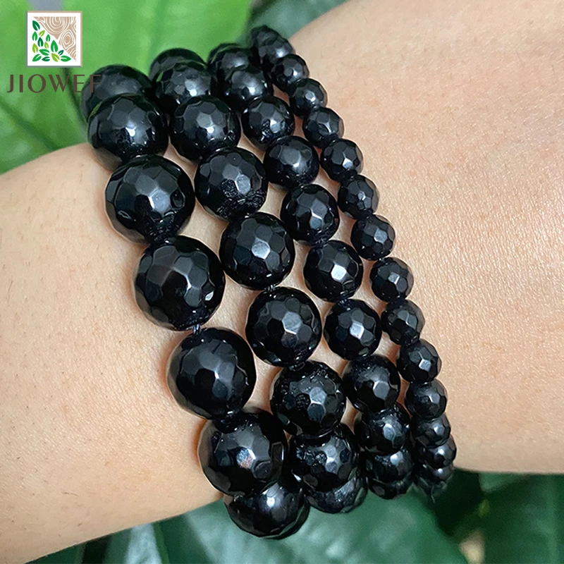 Natural Smooth Faceted Black Agates Beads 15'' Strand 4/6/8/10/12/14mm Round Loose Stone Beads for Jewelry Making Diy Bracelets