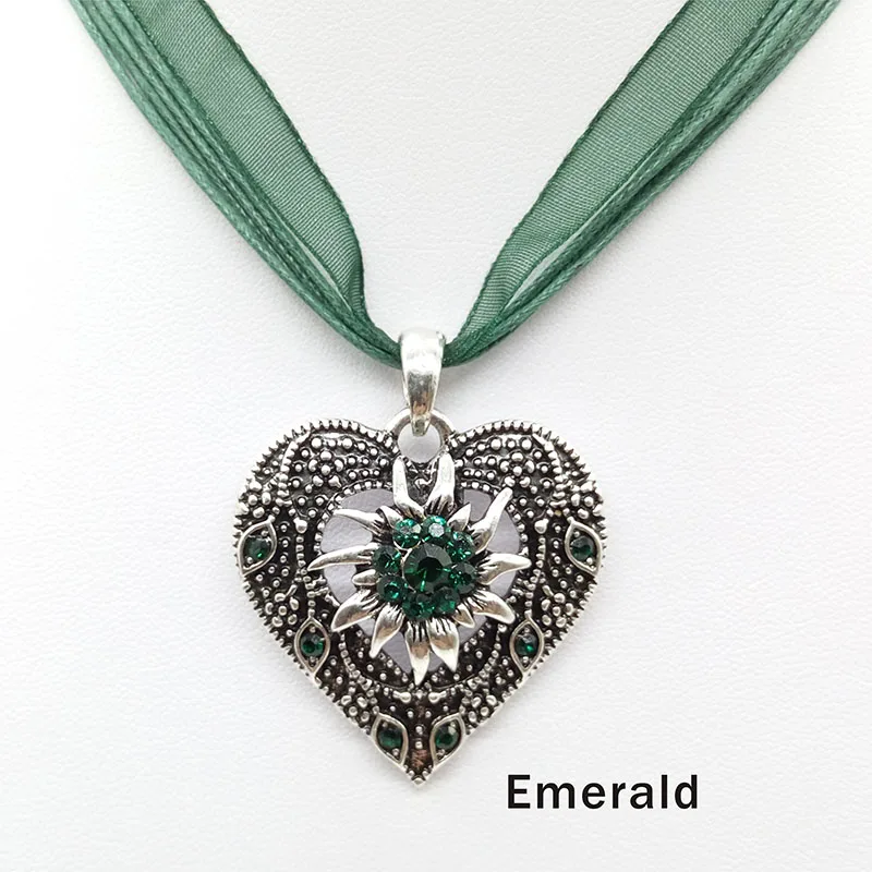 Heart Shape Vintage Carved Edelweiss Pendant Necklace Women Multicolor Rhinestone Ribbon Rope Necklace Oktoberfest Jewelry