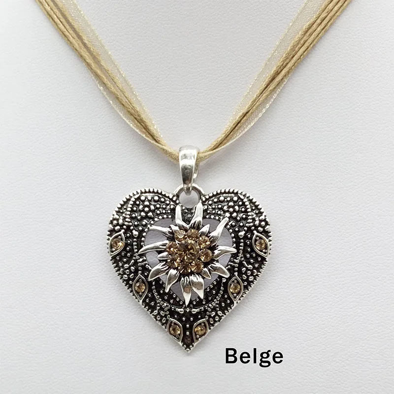 Heart Shape Vintage Carved Edelweiss Pendant Necklace Women Multicolor Rhinestone Ribbon Rope Necklace Oktoberfest Jewelry