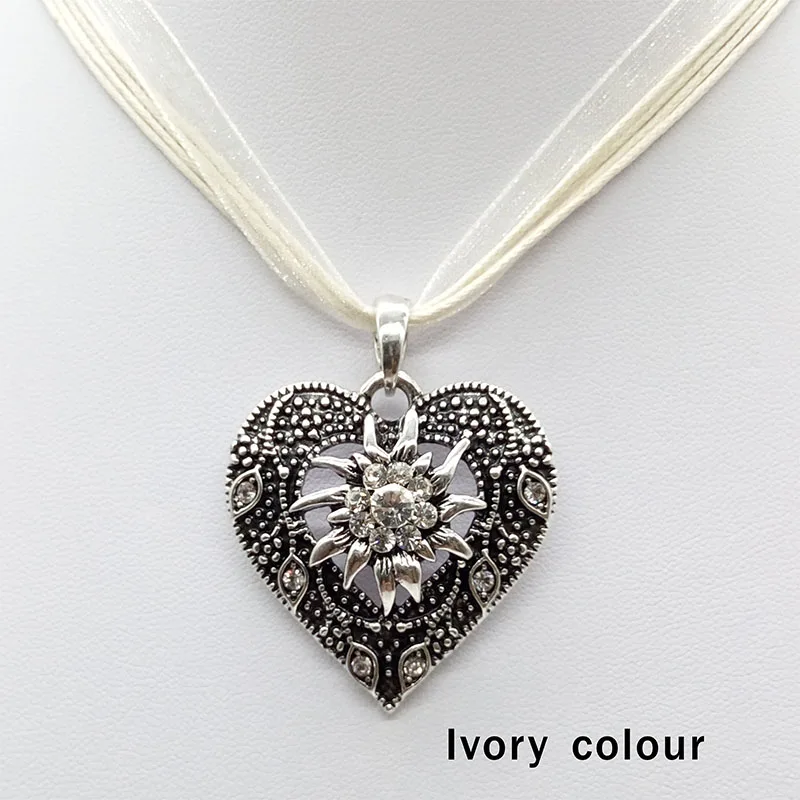 Heart Shape Vintage Carved Edelweiss Pendant Necklace Women Multicolor Rhinestone Ribbon Rope Necklace Oktoberfest Jewelry