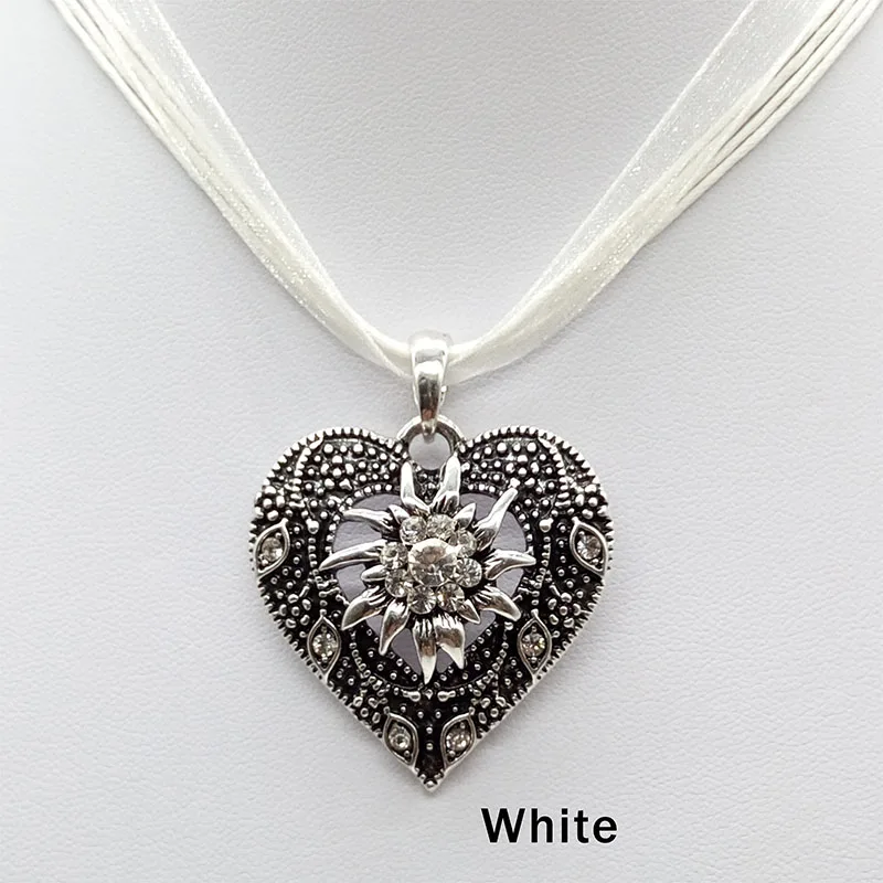 Heart Shape Vintage Carved Edelweiss Pendant Necklace Women Multicolor Rhinestone Ribbon Rope Necklace Oktoberfest Jewelry