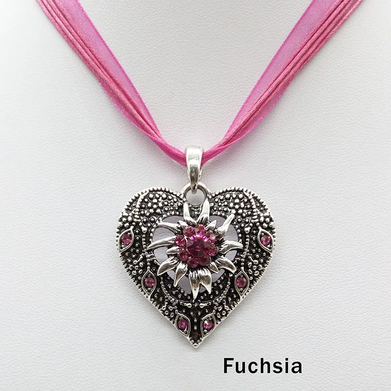 Heart Shape Vintage Carved Edelweiss Pendant Necklace Women Multicolor Rhinestone Ribbon Rope Necklace Oktoberfest Jewelry