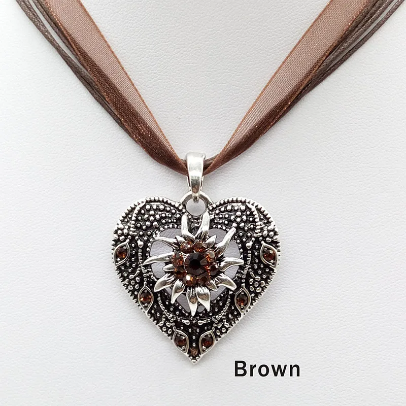 Heart Shape Vintage Carved Edelweiss Pendant Necklace Women Multicolor Rhinestone Ribbon Rope Necklace Oktoberfest Jewelry