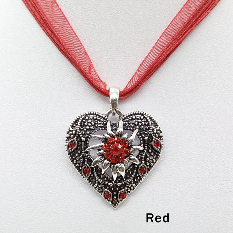 Heart Shape Vintage Carved Edelweiss Pendant Necklace Women Multicolor Rhinestone Ribbon Rope Necklace Oktoberfest Jewelry