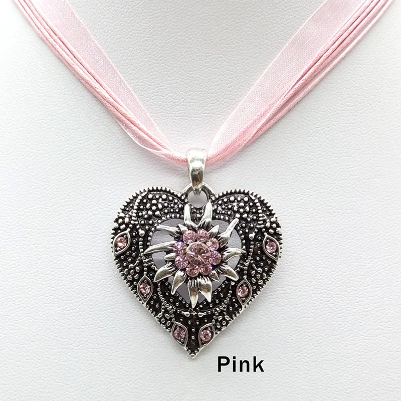 Heart Shape Vintage Carved Edelweiss Pendant Necklace Women Multicolor Rhinestone Ribbon Rope Necklace Oktoberfest Jewelry