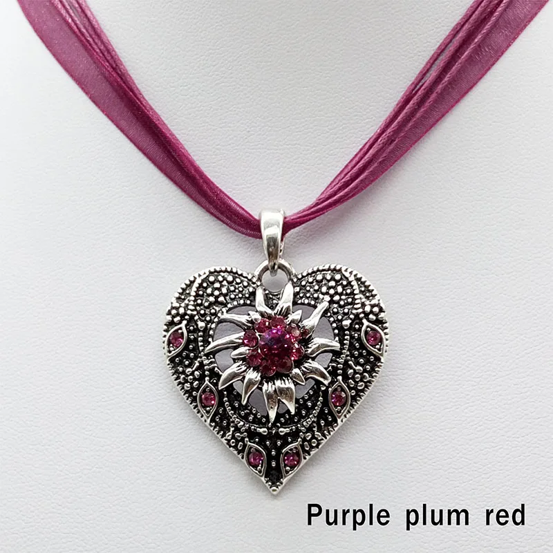 Heart Shape Vintage Carved Edelweiss Pendant Necklace Women Multicolor Rhinestone Ribbon Rope Necklace Oktoberfest Jewelry