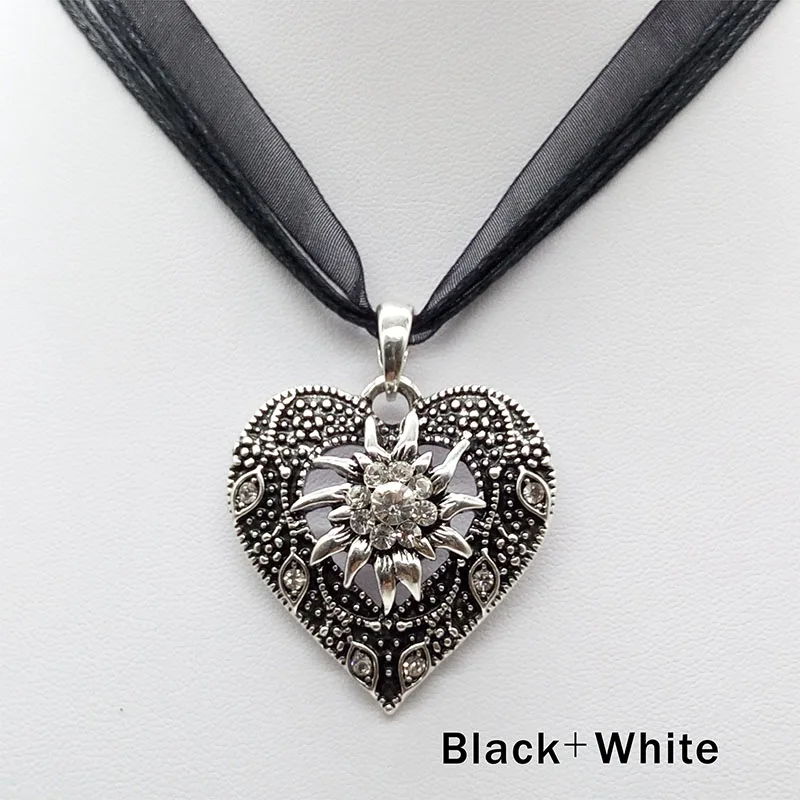 Heart Shape Vintage Carved Edelweiss Pendant Necklace Women Multicolor Rhinestone Ribbon Rope Necklace Oktoberfest Jewelry