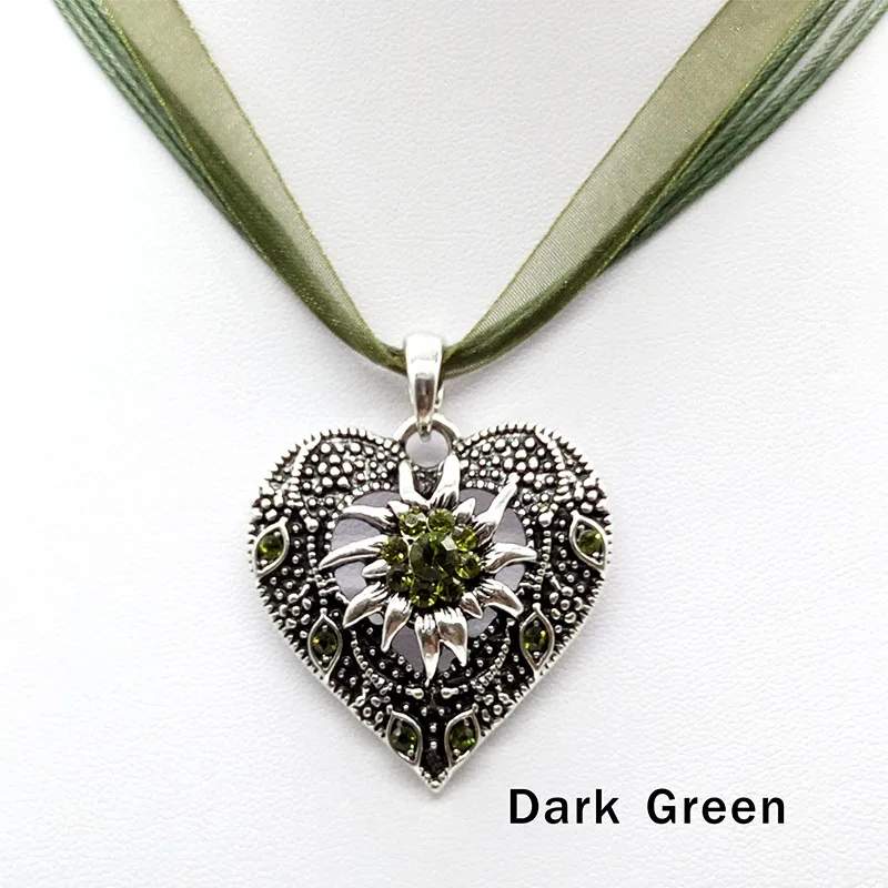Heart Shape Vintage Carved Edelweiss Pendant Necklace Women Multicolor Rhinestone Ribbon Rope Necklace Oktoberfest Jewelry