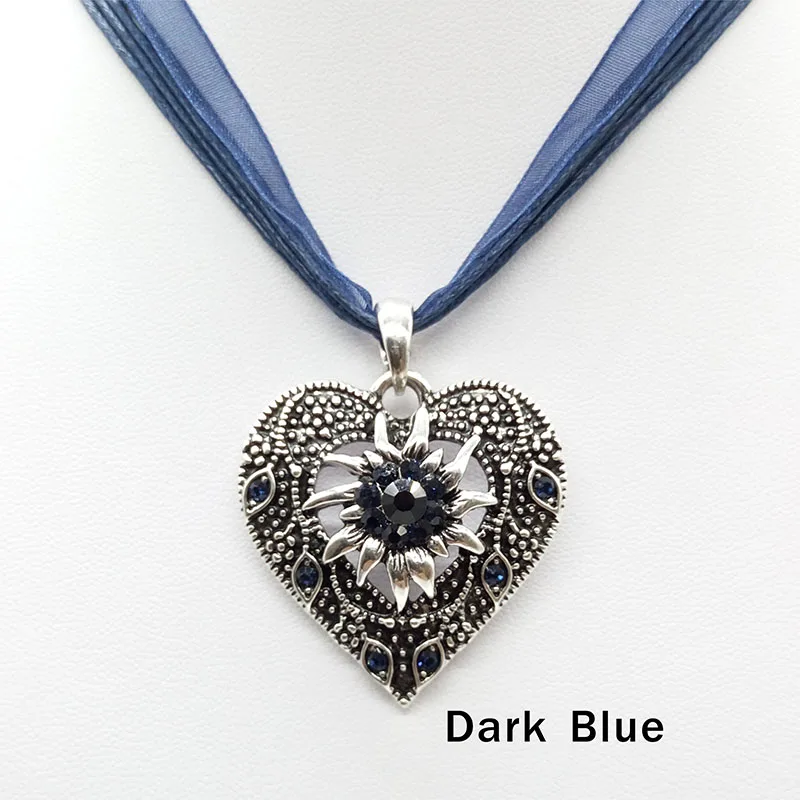 Heart Shape Vintage Carved Edelweiss Pendant Necklace Women Multicolor Rhinestone Ribbon Rope Necklace Oktoberfest Jewelry