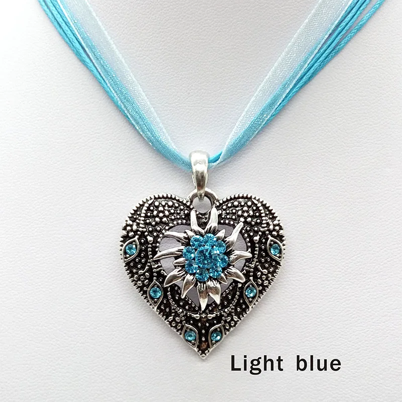 Heart Shape Vintage Carved Edelweiss Pendant Necklace Women Multicolor Rhinestone Ribbon Rope Necklace Oktoberfest Jewelry