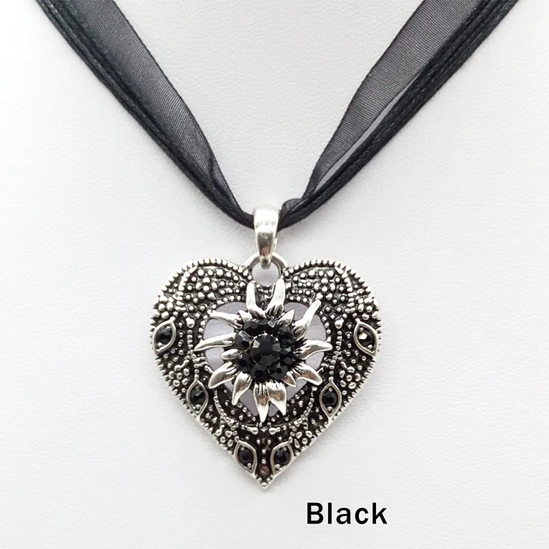 Heart Shape Vintage Carved Edelweiss Pendant Necklace Women Multicolor Rhinestone Ribbon Rope Necklace Oktoberfest Jewelry
