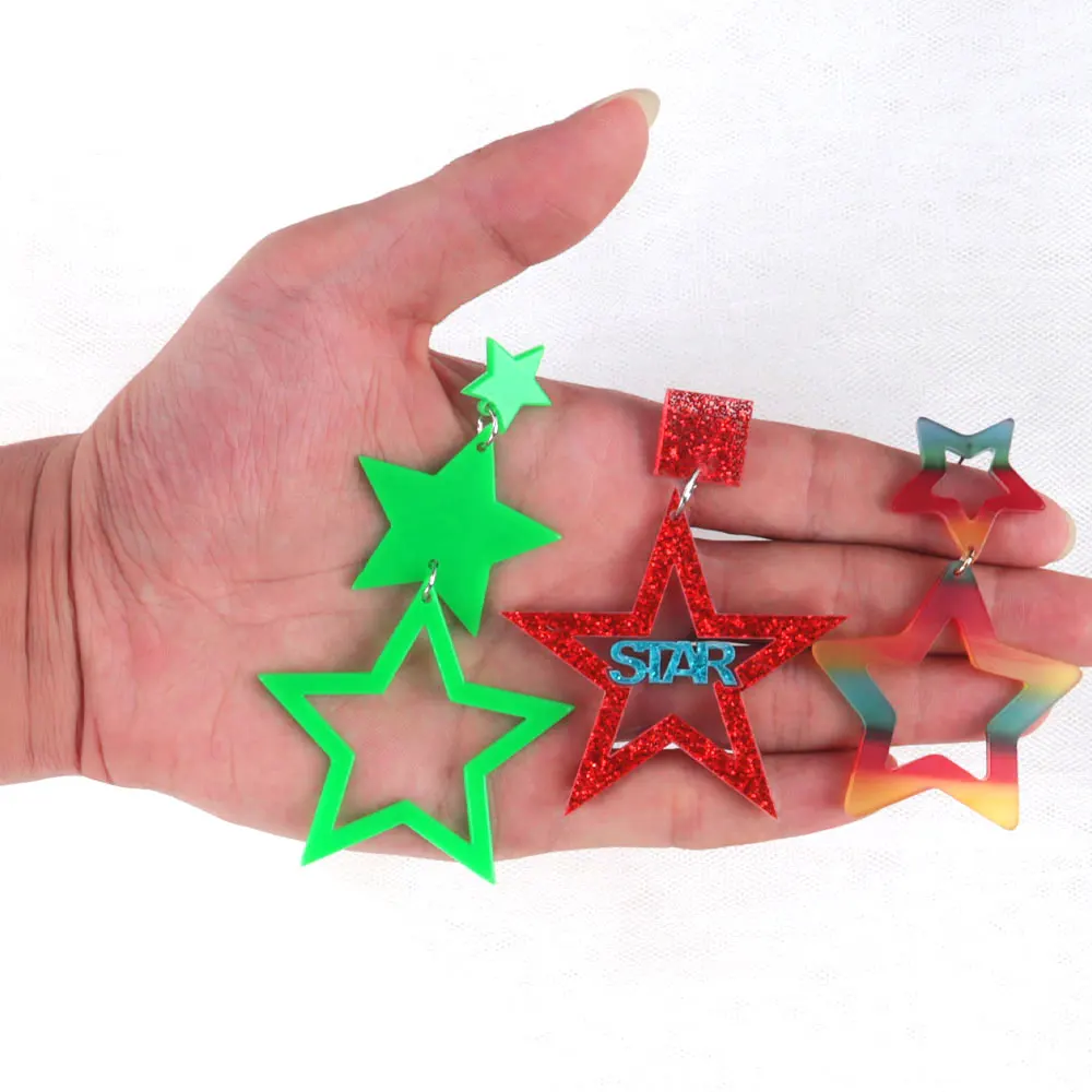 Punk Neon Color Star Acrylic Dangle Earrings For Women Hollow Geometric Pentagram Long Drop Earrings Fashion Jewelry Gifts