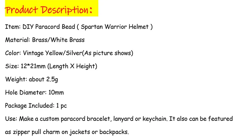 Retro Brass Spartan Warrior Helmet Knife Beads Lanyard Hangings Jewelry DIY Paracord EDC Outdoor Carabiner Pendants Accessories