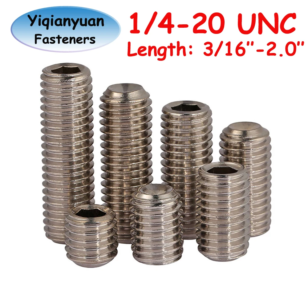 Yiqianyuan 5Pcs 1/4-20x3/16"~2" UNC Thread SUS304 Stainless Steel Hexagon Socket Set Screws With Cup Point Headless Screws