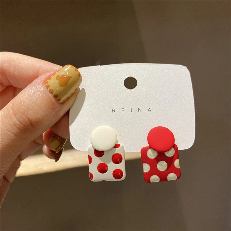 Trendy Geometric Square Red White Polka Dot Drop Earrings Korean Unique Style Asymmetric Enamel Ear Jewelry New Year Gift