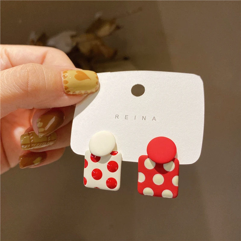 Trendy Geometric Square Red White Polka Dot Drop Earrings Korean Unique Style Asymmetric Enamel Ear Jewelry New Year Gift