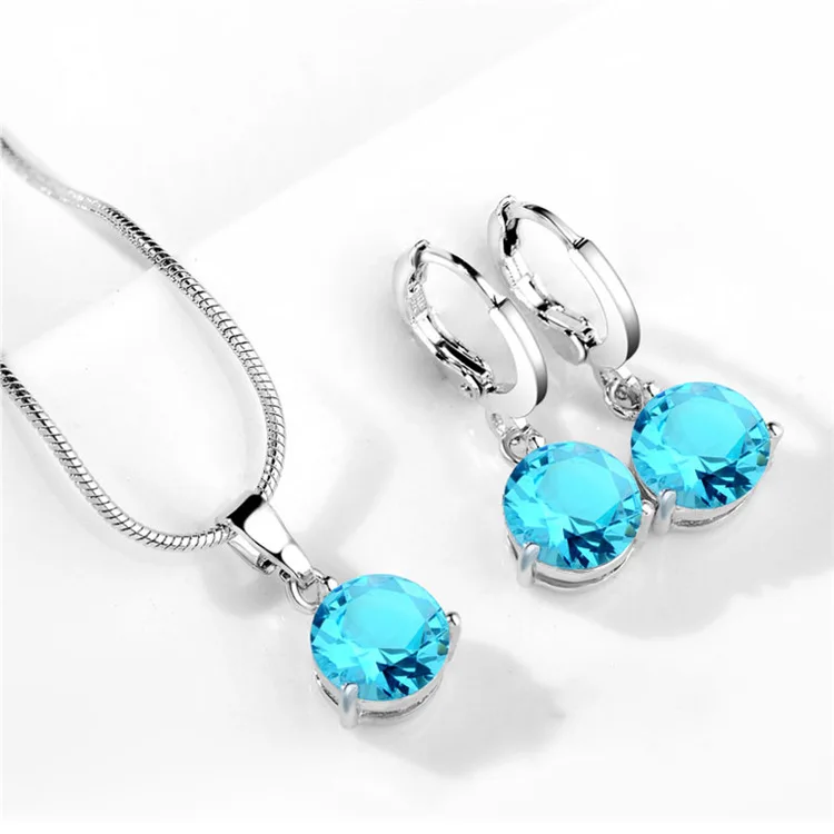 925 Sterling Silver Trendy Crystal Pendant Necklace Earrings Jewelry Set for Women Girls Wedding Engagement Fashion Jewelry