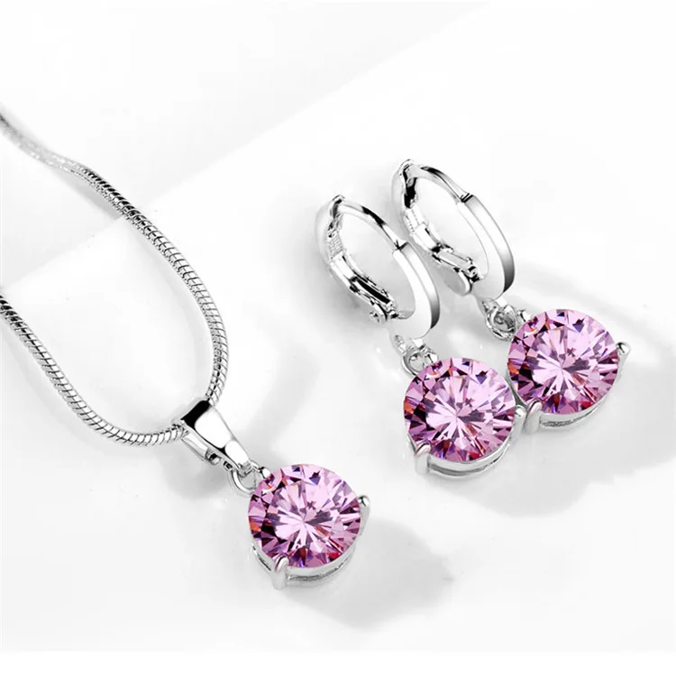 925 Sterling Silver Trendy Crystal Pendant Necklace Earrings Jewelry Set for Women Girls Wedding Engagement Fashion Jewelry