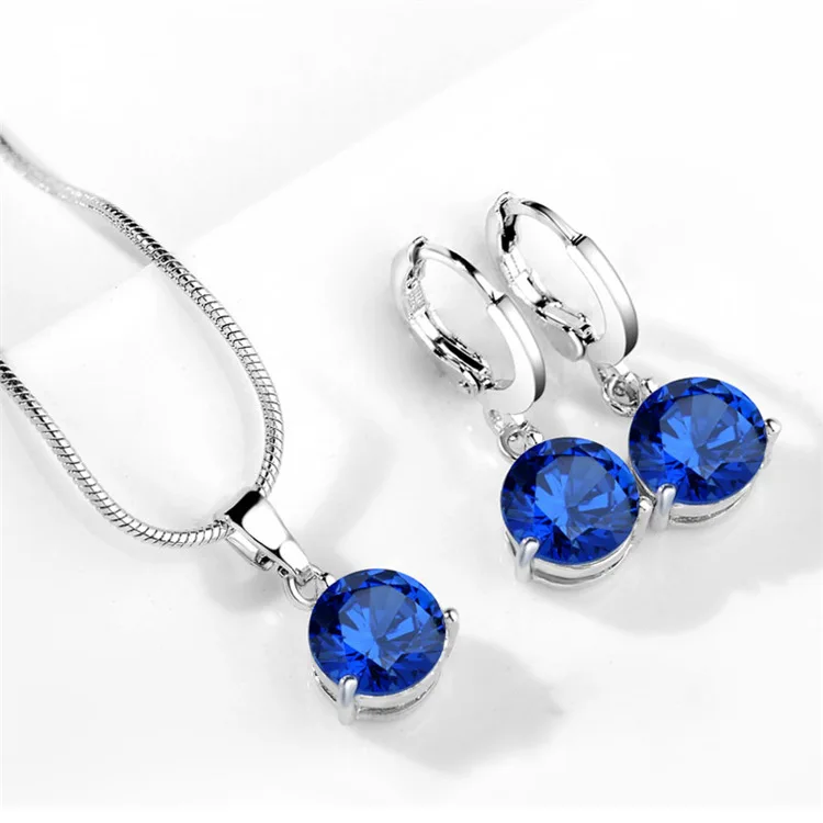 925 Sterling Silver Trendy Crystal Pendant Necklace Earrings Jewelry Set for Women Girls Wedding Engagement Fashion Jewelry