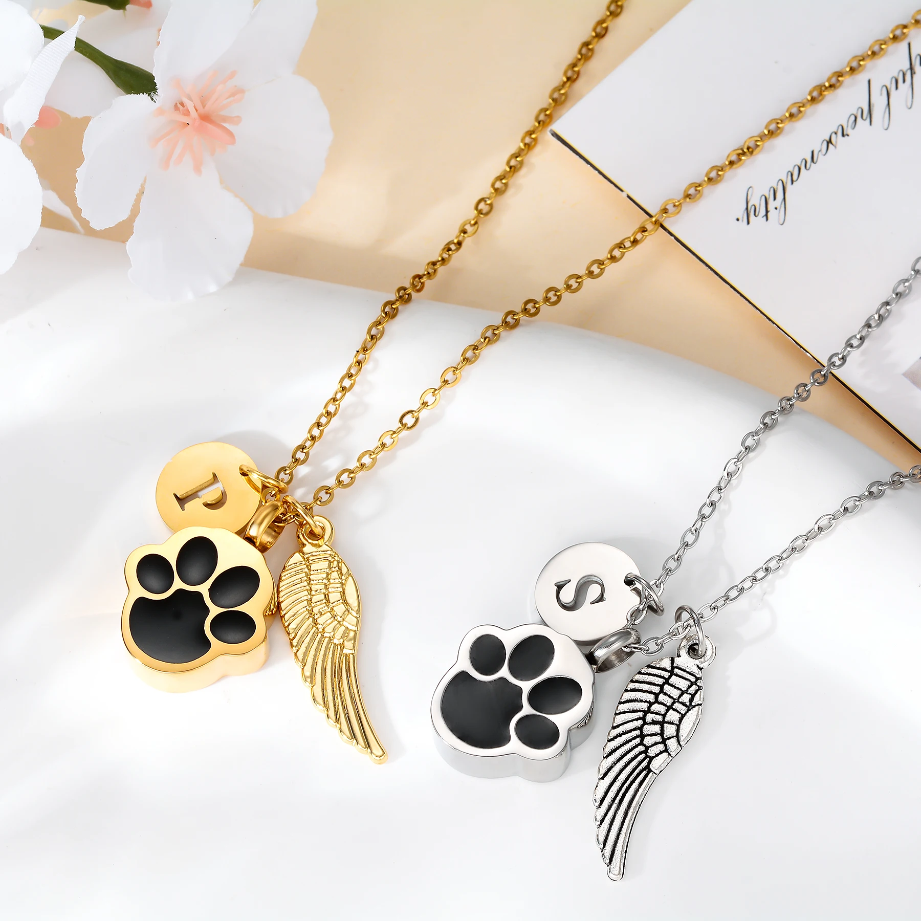 Paw Print Ashes Urn Pendant Necklace Stainless Steel Letter Initial Charm Memorial Dog Cat Pet Keepsake with Angel Wing