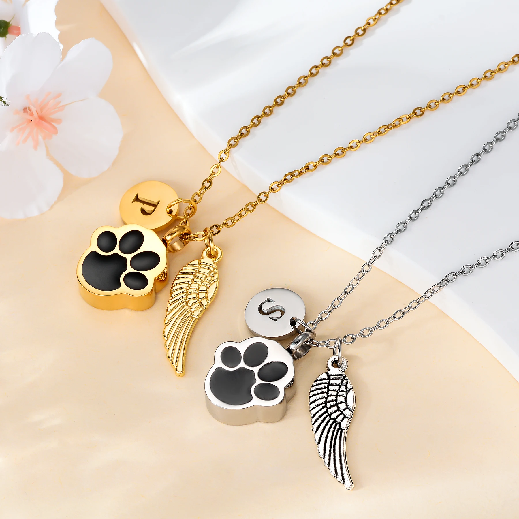 Paw Print Ashes Urn Pendant Necklace Stainless Steel Letter Initial Charm Memorial Dog Cat Pet Keepsake with Angel Wing