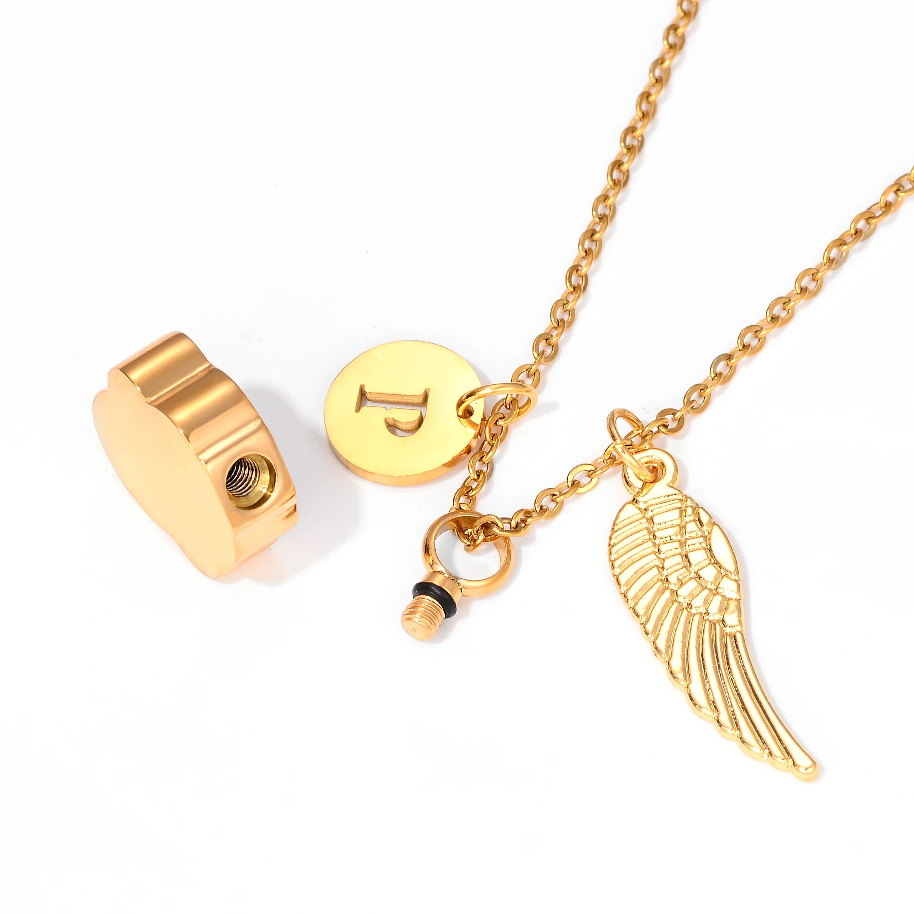 Paw Print Ashes Urn Pendant Necklace Stainless Steel Letter Initial Charm Memorial Dog Cat Pet Keepsake with Angel Wing