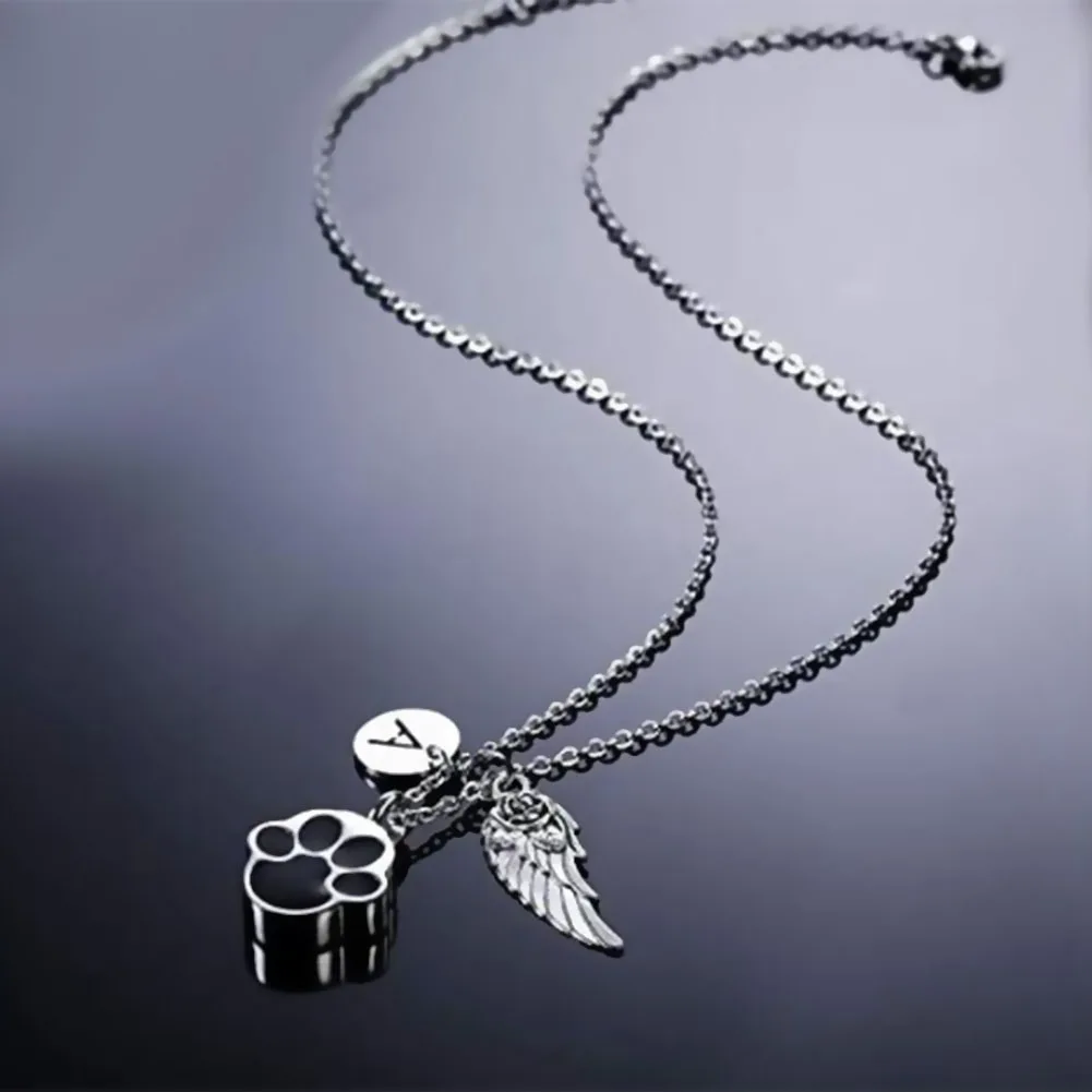 Paw Print Ashes Urn Pendant Necklace Stainless Steel Letter Initial Charm Memorial Dog Cat Pet Keepsake with Angel Wing