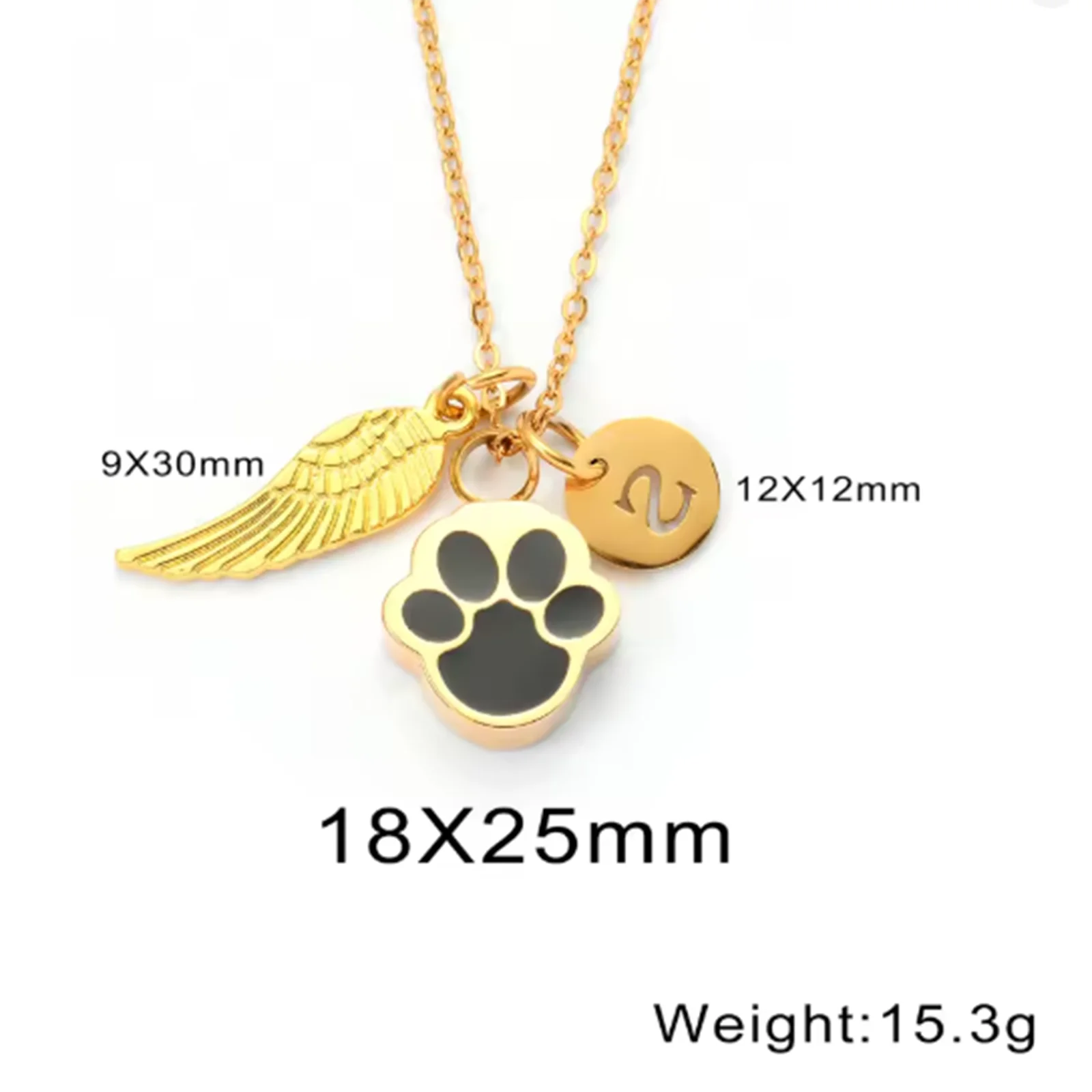 Paw Print Ashes Urn Pendant Necklace Stainless Steel Letter Initial Charm Memorial Dog Cat Pet Keepsake with Angel Wing