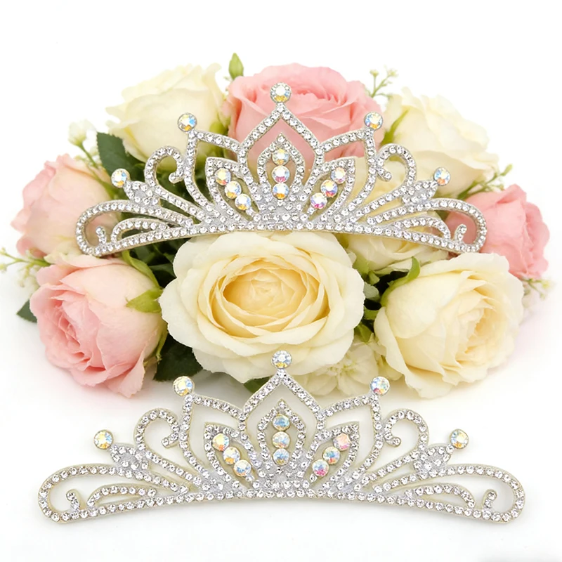 13*4CM Princess Rhinestone White Crown Applique For Craft Wedding Clothing Decor Patch DIY Headwear Hair Clip Accessories