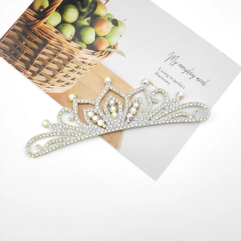 13*4CM Princess Rhinestone White Crown Applique For Craft Wedding Clothing Decor Patch DIY Headwear Hair Clip Accessories