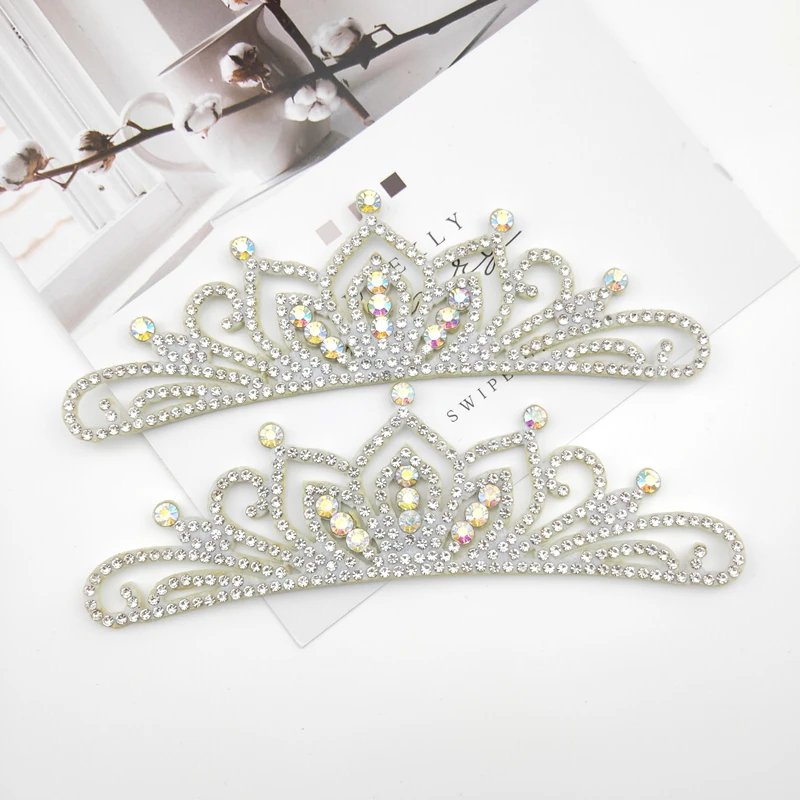 13*4CM Princess Rhinestone White Crown Applique For Craft Wedding Clothing Decor Patch DIY Headwear Hair Clip Accessories