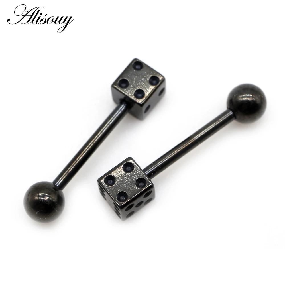 Alisouy 2pcs Punk Unisex Ball Dice Stainless Steel Tongue Rings Bars Girls 14G Industrial Barbells Tongue Piercing Body Jewelry