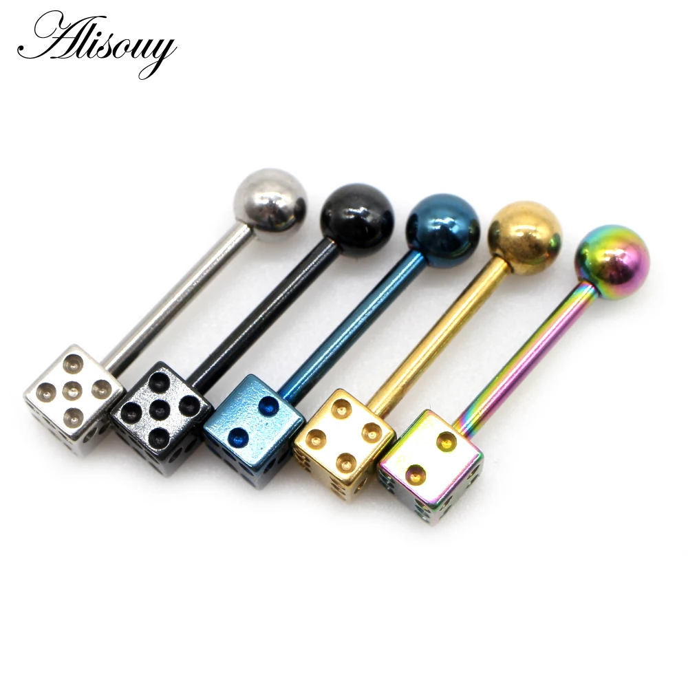 Alisouy 2pcs Punk Unisex Ball Dice Stainless Steel Tongue Rings Bars Girls 14G Industrial Barbells Tongue Piercing Body Jewelry