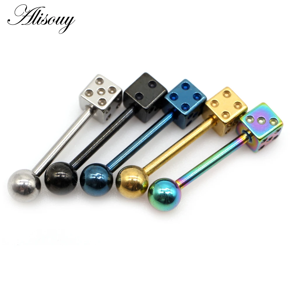 Alisouy 2pcs Punk Unisex Ball Dice Stainless Steel Tongue Rings Bars Girls 14G Industrial Barbells Tongue Piercing Body Jewelry