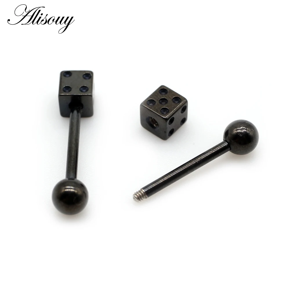 Alisouy 2pcs Punk Unisex Ball Dice Stainless Steel Tongue Rings Bars Girls 14G Industrial Barbells Tongue Piercing Body Jewelry