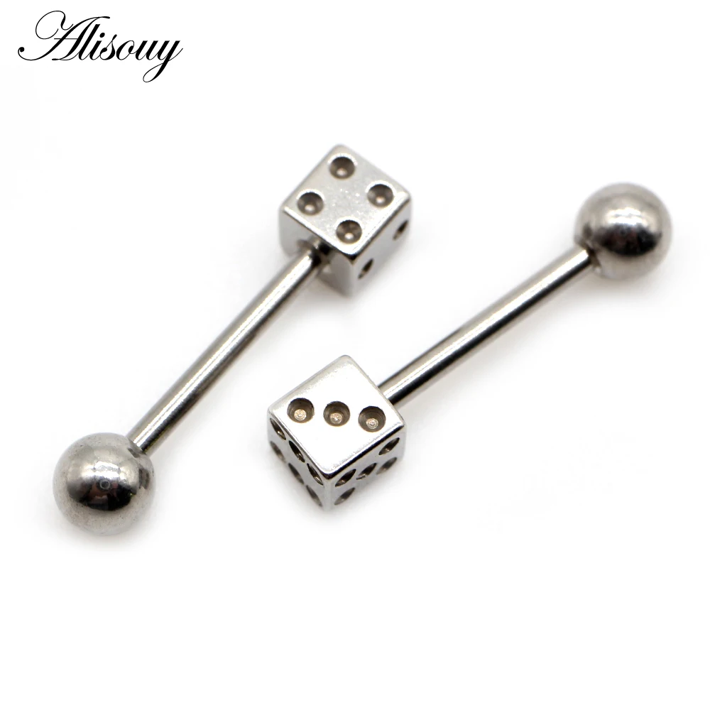 Alisouy 2pcs Punk Unisex Ball Dice Stainless Steel Tongue Rings Bars Girls 14G Industrial Barbells Tongue Piercing Body Jewelry
