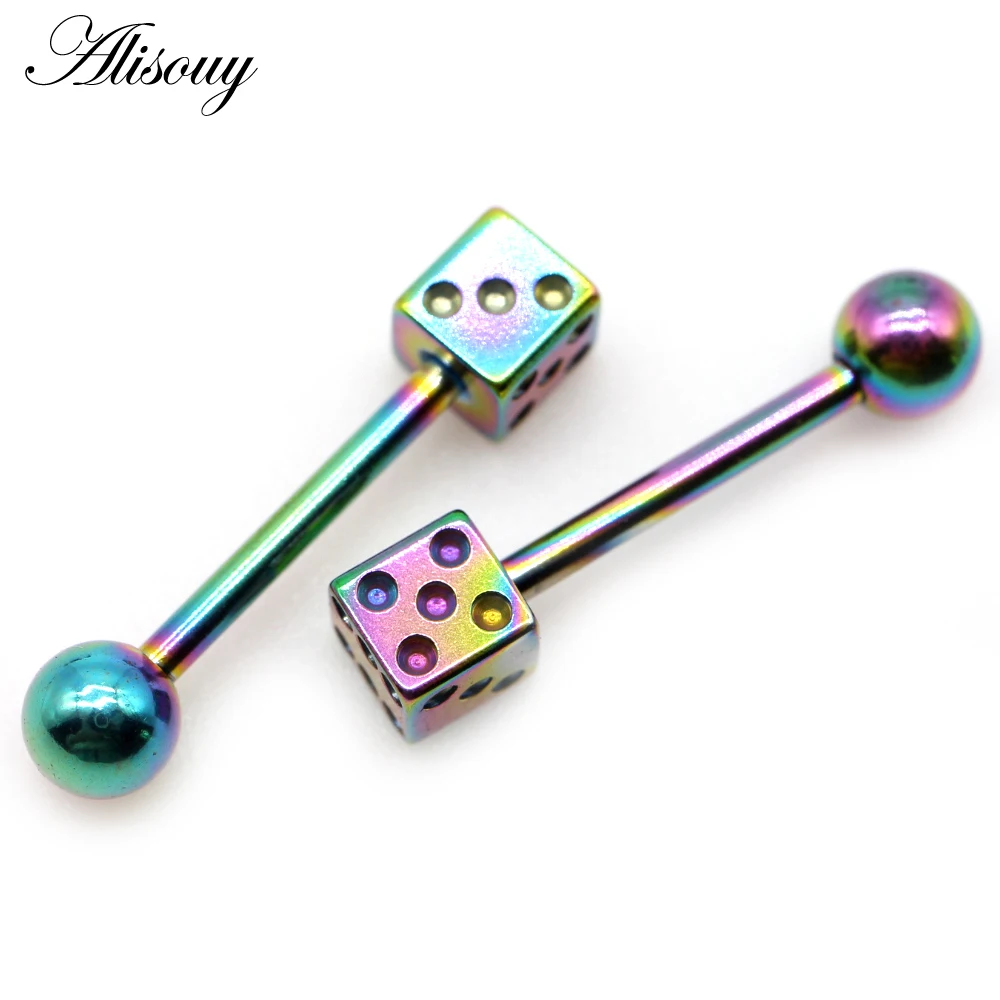 Alisouy 2pcs Punk Unisex Ball Dice Stainless Steel Tongue Rings Bars Girls 14G Industrial Barbells Tongue Piercing Body Jewelry