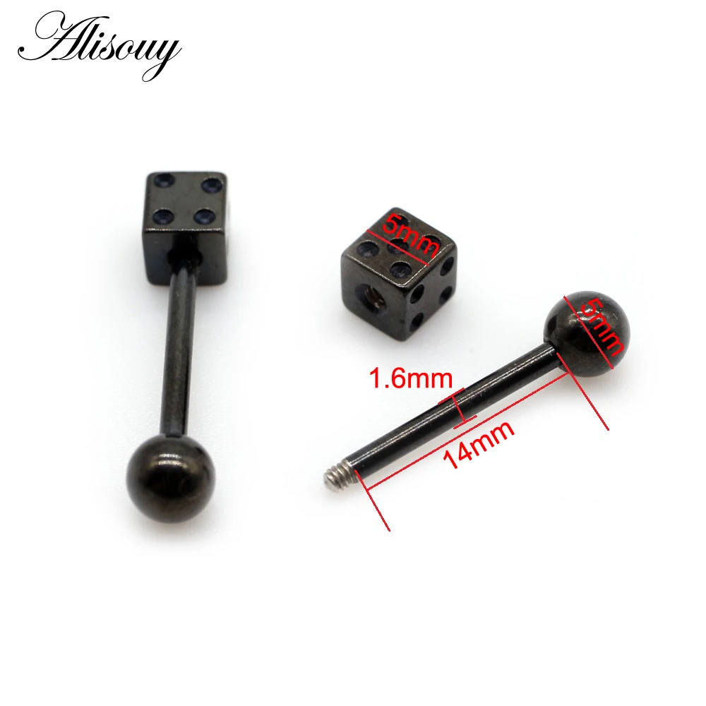 Alisouy 2pcs Punk Unisex Ball Dice Stainless Steel Tongue Rings Bars Girls 14G Industrial Barbells Tongue Piercing Body Jewelry