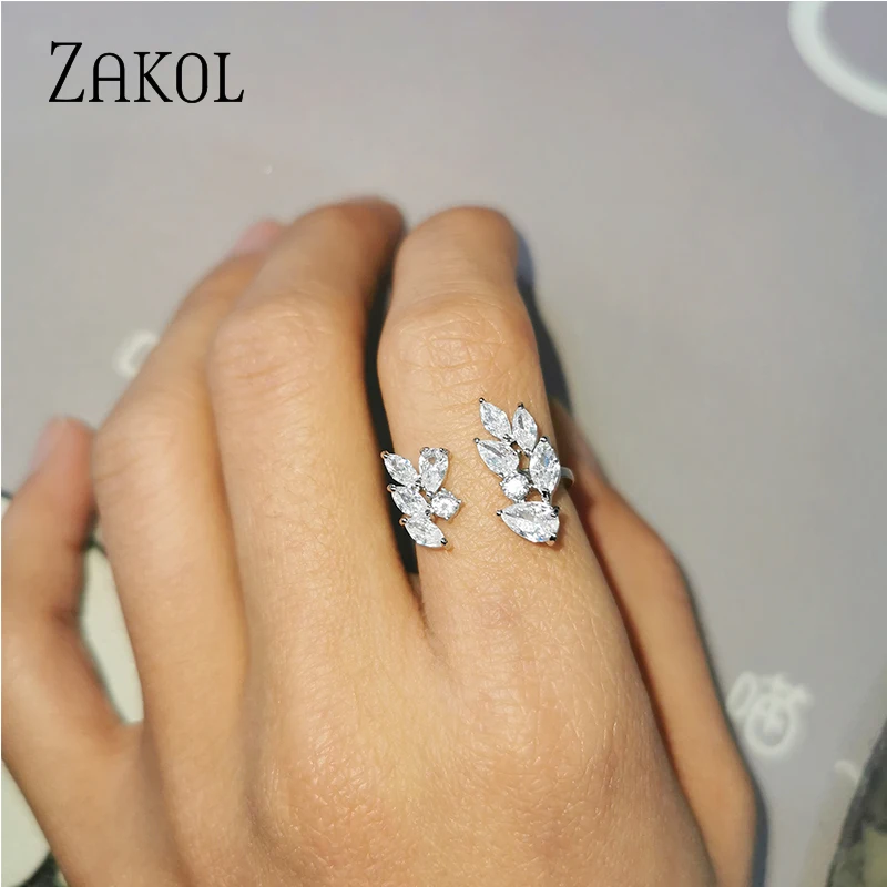 ZAKOL Fashion Wedding Ring for Women Leaf Shape Clear Cubic Zirconia Rings Party Jewelry Wholesale
