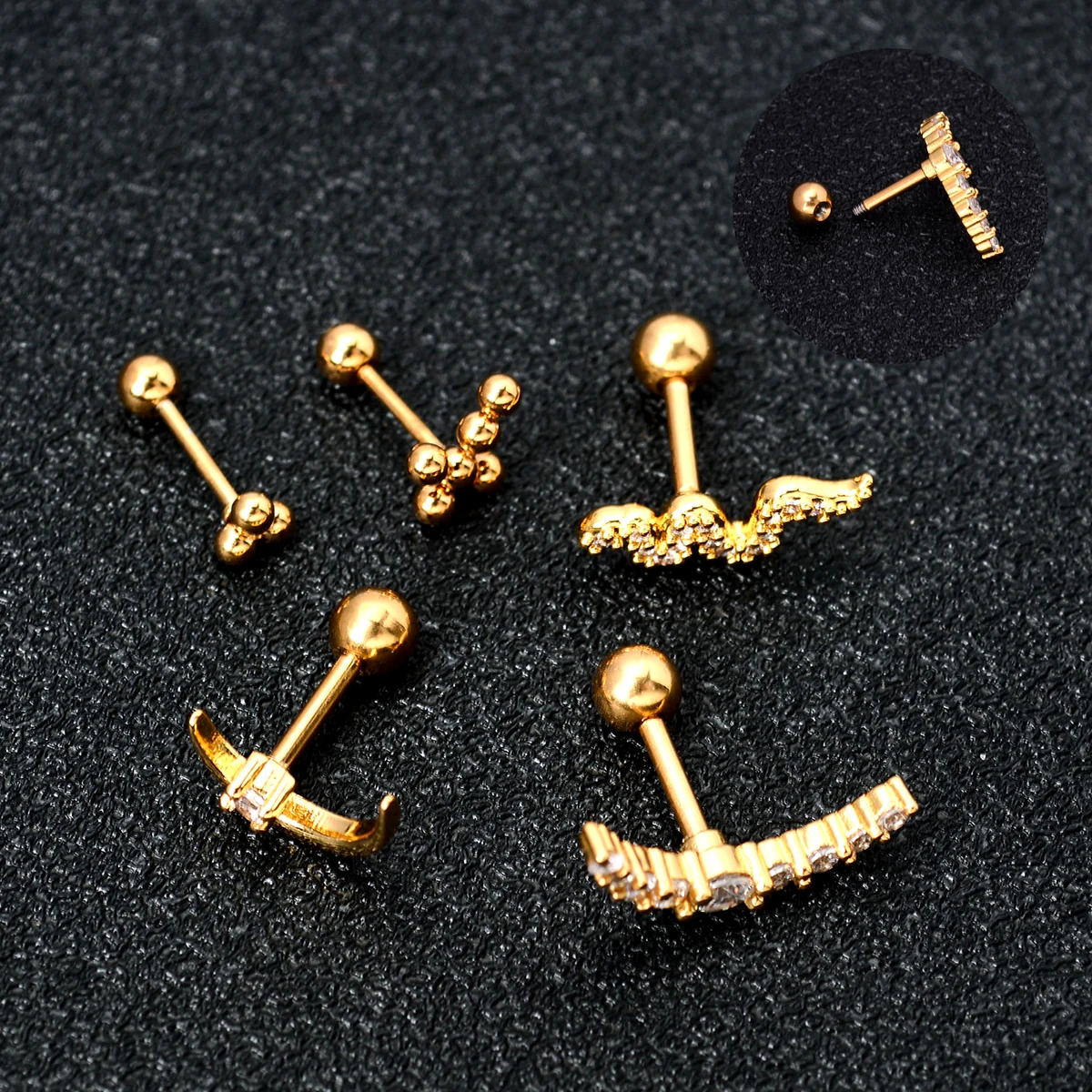 1pcs New Style Stainless Steel Ear Piercing Cz Stud Earrings Snake Moon Round Ball Arc Cartilage Helix Conch Screw Back Earring
