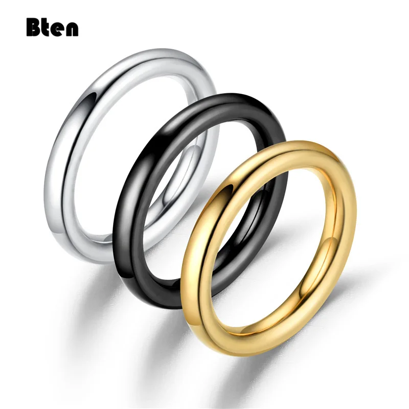 Bten 3mm Thin Rings Female Jewelry Man Black Silver Color Gold Color Stainless Steel Elegant Party Tail Smooth Ring for Women